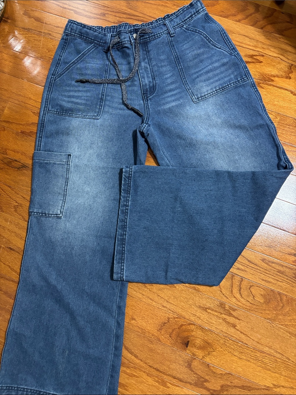 Women's Blue Wide-Leg Denim Jeans with Drawstring Waist
